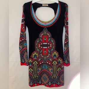 Arden B Colorful Patterned Long Sleeve Dress With Black Slip Underneath